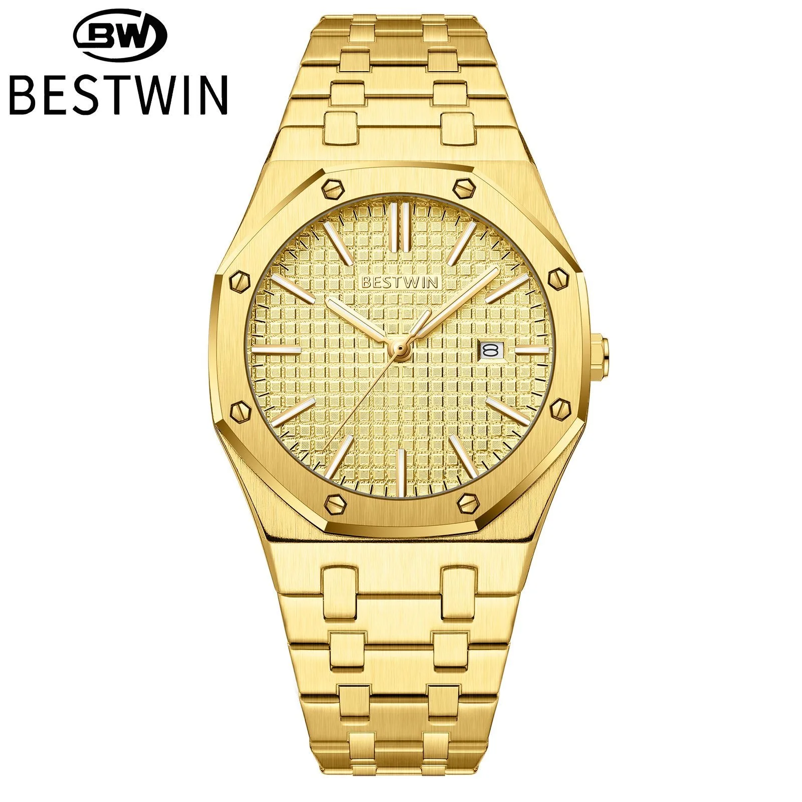 Фото Мужские часы BESTWIN Original Luxury, с датой, светящиеся, водонепроницаемые, с браслетом из нержавеющей стали, модные, деловые, кварцевые. №5