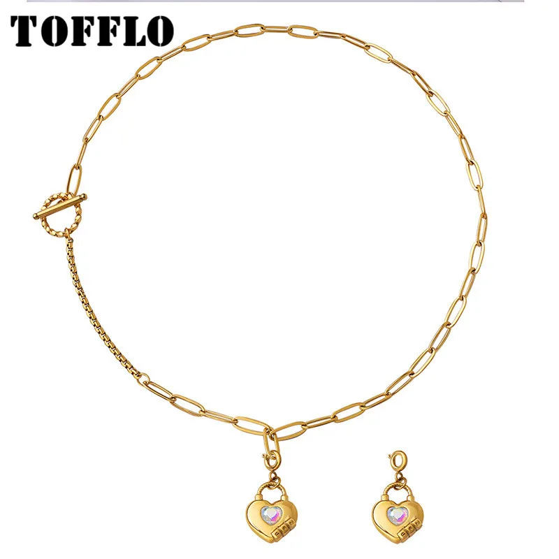 

TOFFLO Stainless Steel Jewelry Thick Chain OT Buckle Glass Heart Various Wearing Necklaces Women's Collarbone Chain BSP355