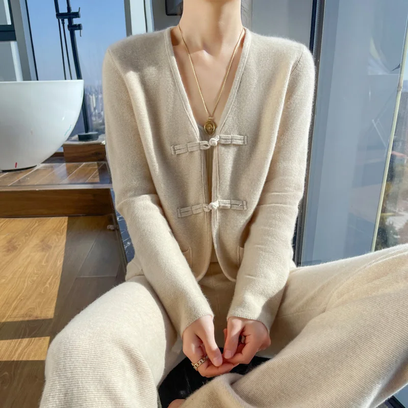 Комплект из двух предметов кардиган чистой шерсти в китайском стиле женские