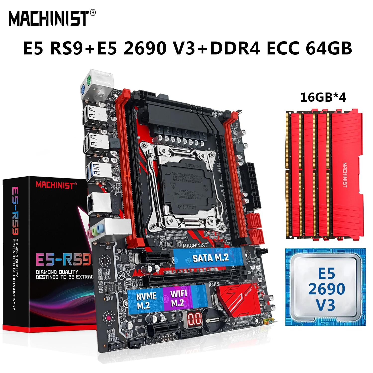 

MACHINIST E5 RS9 Motherboard LGA 2011-3 With Kit Xeon E5 2690 V3 Processor 64G=16Gx4 DDR4 ECC RAM Memory WIFI NVME M.2 USB3.0