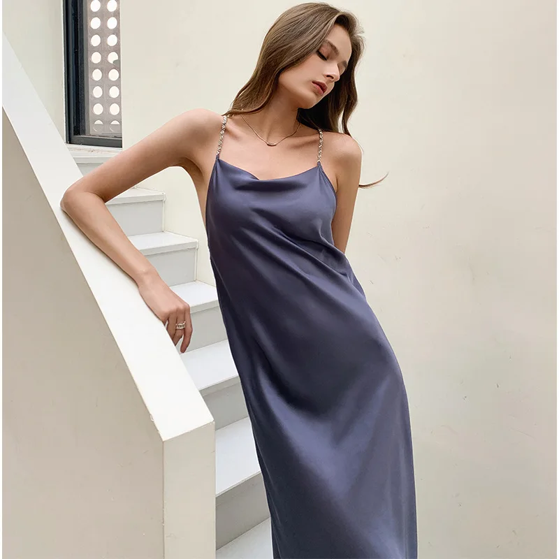 

Women's Summer Thin Satin Ice Silk Pajamas Elegant Backless Suspender Long Skirt Home Clothes