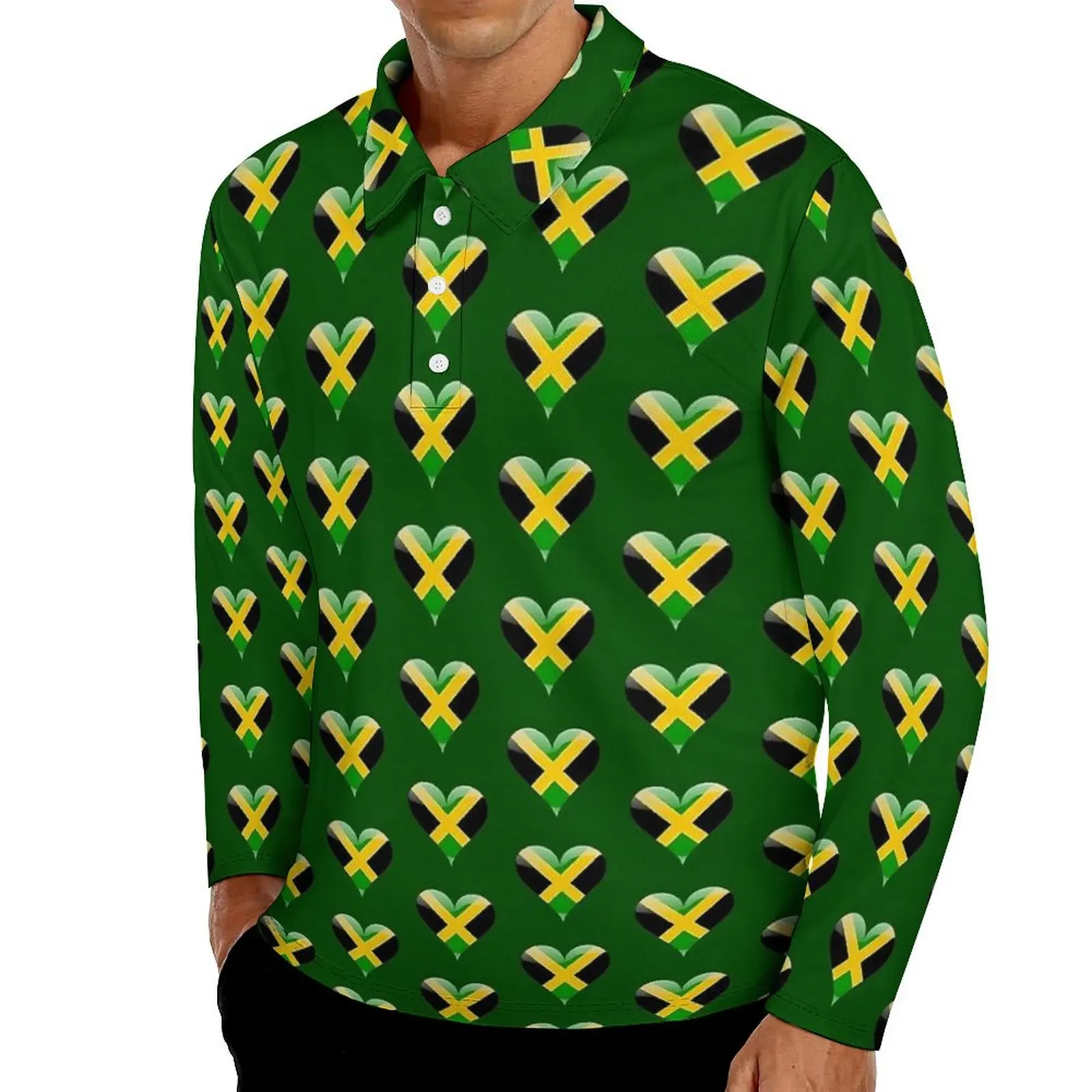 Abstract Jamaican Flag Polo Shirt Spring Jamaica Heart Casual Long Sleeve Turn Down Collar Y2K Custom Oversized T-Shirts