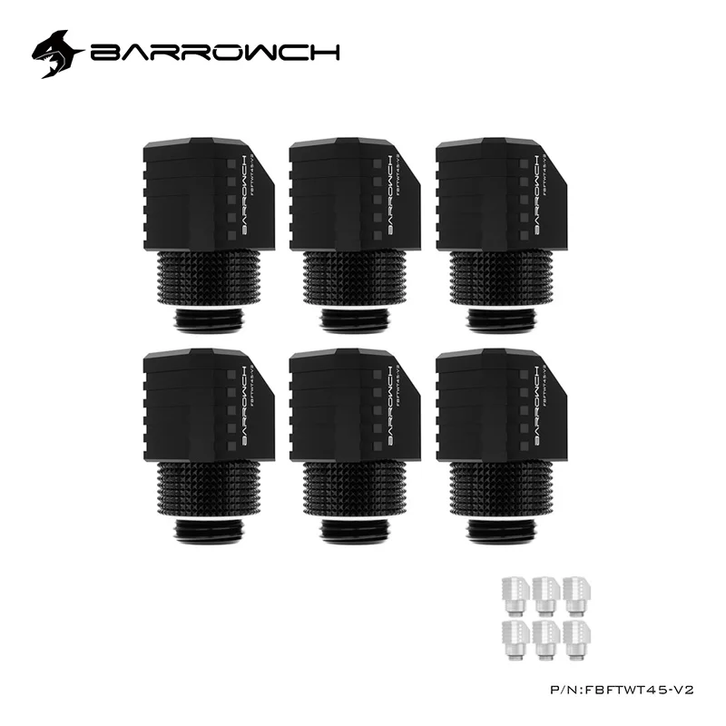 

6 шт. BARROWCH G1/4 "45 градусов 360 Вращающийся компьютерный водяной охлаждающий элемент высокого качества, черный, серебристый, искусственный