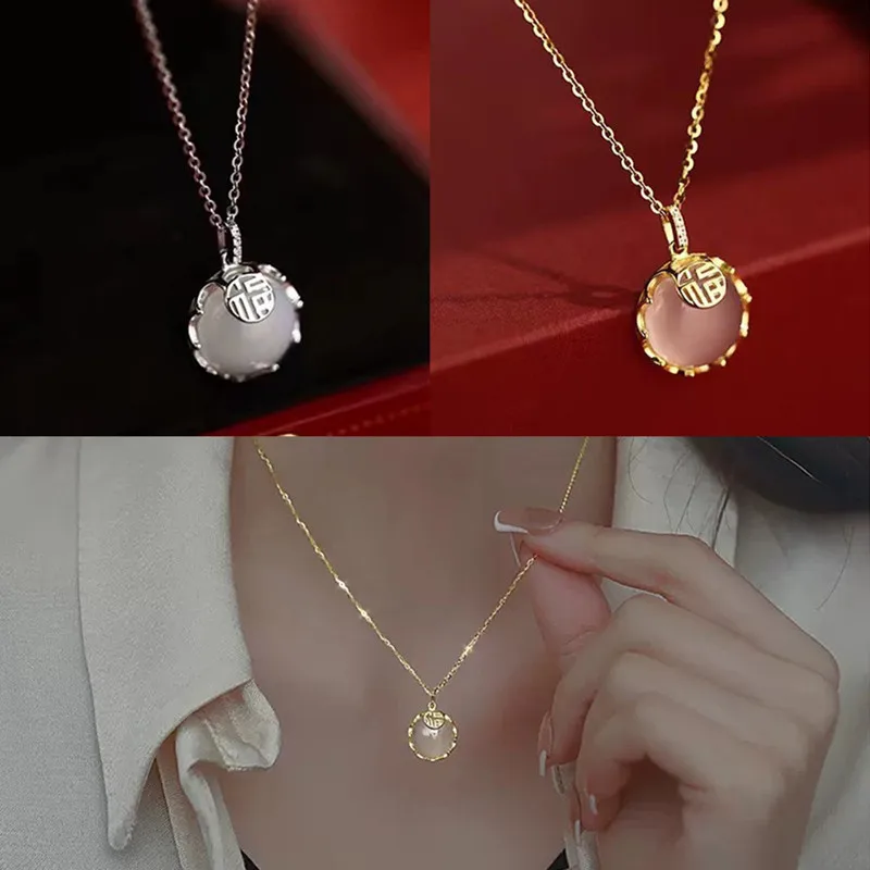 

New 925 Sterling Silver Necklace Female Birthday Gift Tide Gold Clavicle Chain Fashion Sweet Girl Blessing Chalcedony Pendant