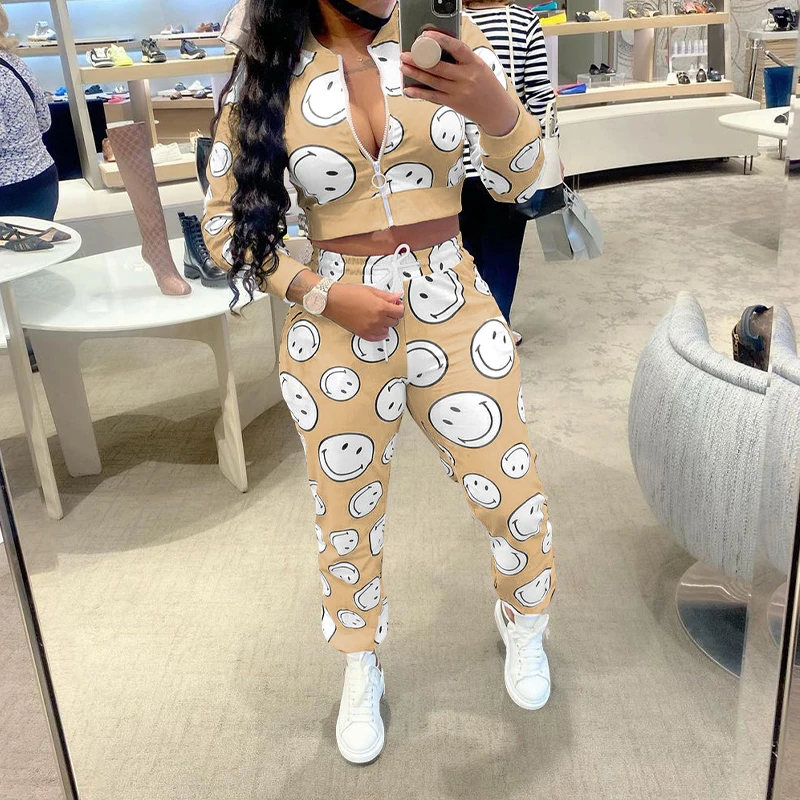 

Casual 2023 Women's Smiley Face Printed Sports Set Zip Round Neck Long-sleeved Top And Lace Up Trousers Spring Autumn Tracksuits