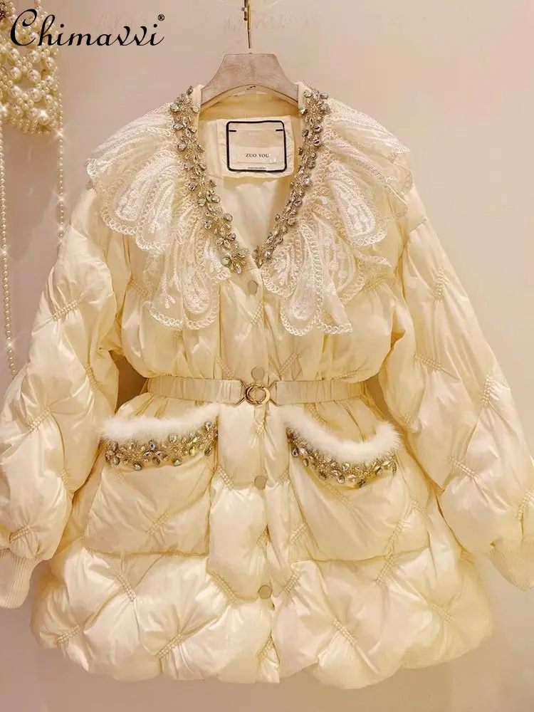 

Women's Winter New Korean Style Fashion Sweet Down Jacket Ladies Fairy Rhinestone Doll Collar Mid-Length White Duck Down Coat