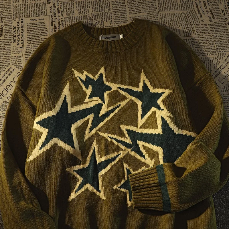 

Свитер мужской свободного покроя, вязаная уличная одежда в стиле ретро, свитер в американском и корейском стиле, пуловер со звездами, зима