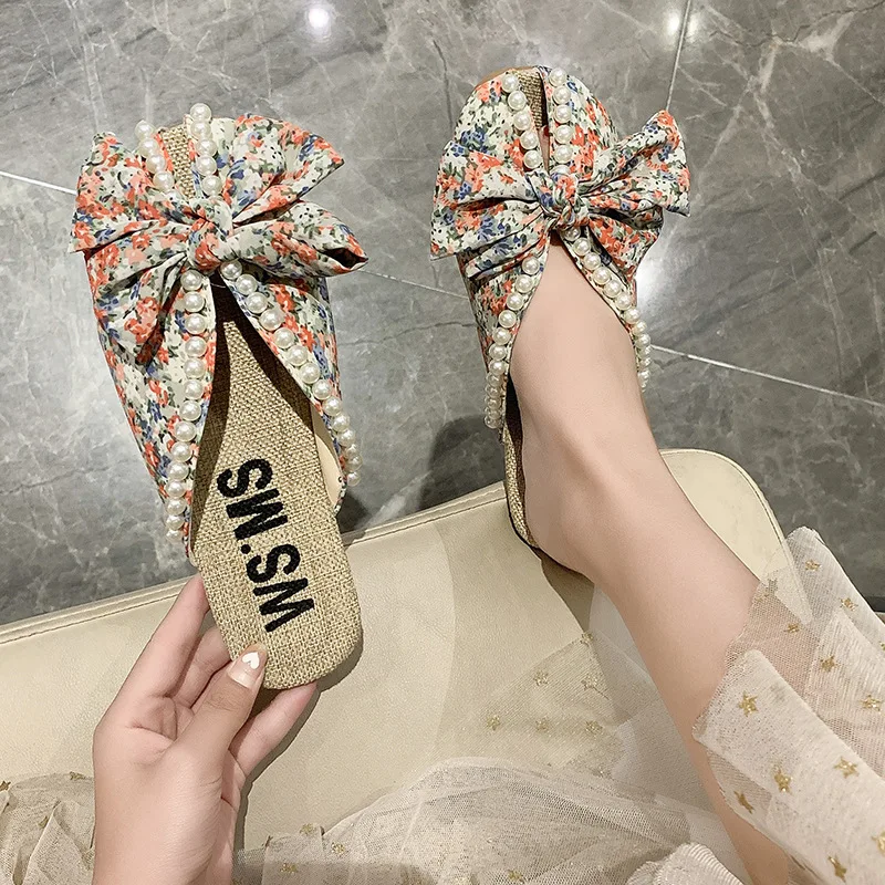 

Summer Slipper 2023 Flat Slippers for Women Outdoor Pearl Slipper Linen Insole Broken Flower Bow Sandals Pantuflas Para Mujer