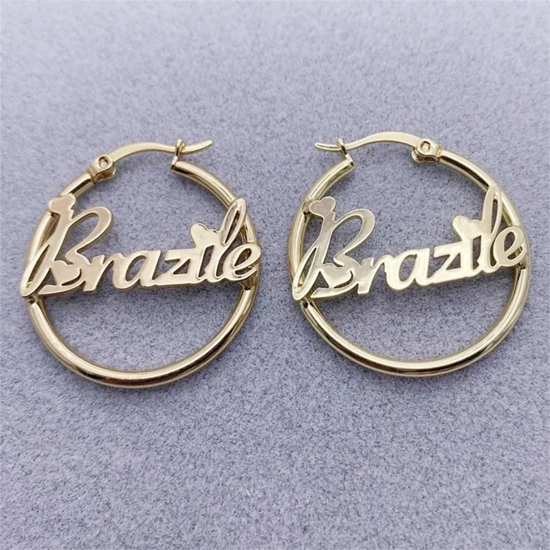 Customized Jewelry Sets 14K Gilded Nameplate With Heart Jewelry Set Stainless Steel Personalized Name Necklace and Hoop Earrings