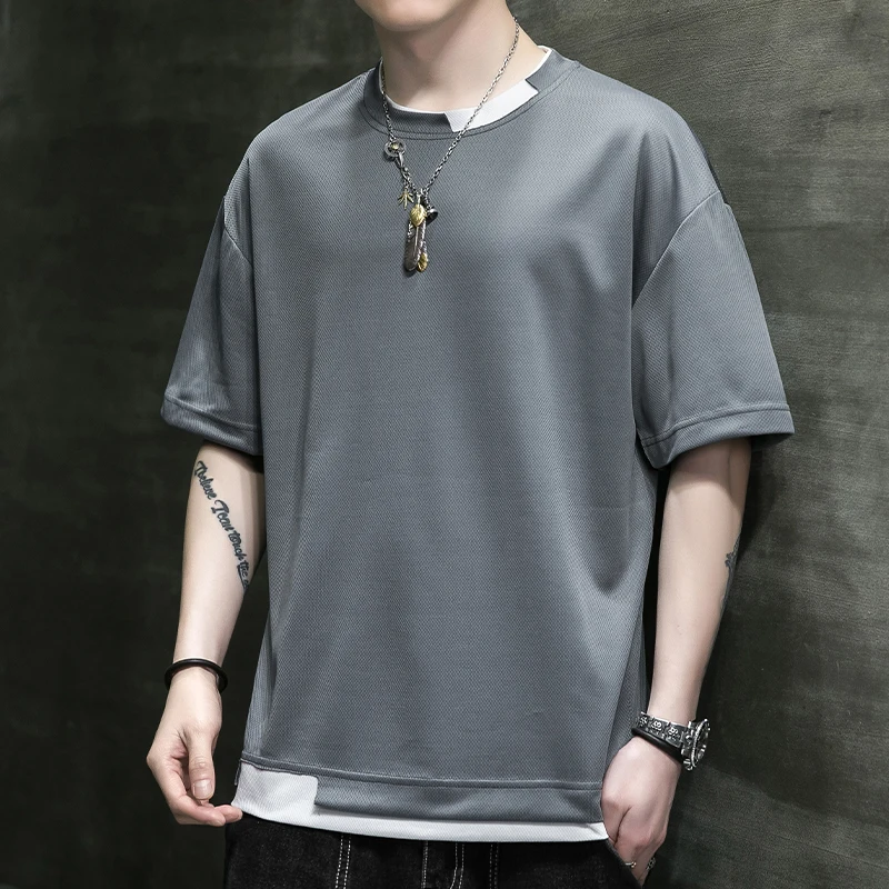 

Ice Silk Quick-Drying Short SleeveTT-shirt Men's2022Spring and Summer New Half Sleeve T-shirt Fake Two-Piece Top