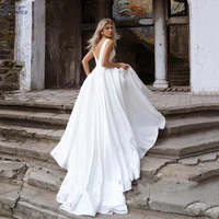simple stain wedding dress for women sleeveless v neck sweep train bridal gown vestido de novia bride party customized plus size