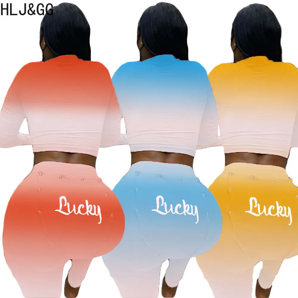 

HLJ&GG Sexy Deep V Long Sleeve Crop Top + Print Skinny Pants Outfits Spring New Gradient Matching Two Piece Sets Tracksuits 2023