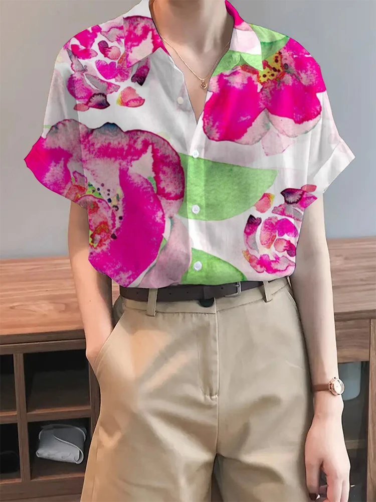 damska koszula z krótkim rękawem i klapami jednorzędowa modna letnia w kwiaty nadrukiem wygodna