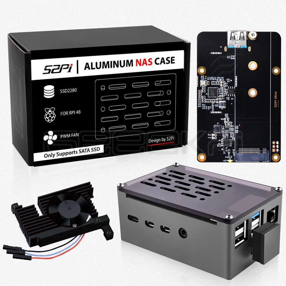 Фото Чехол с алюминиевым кирпичом GeeekPi, черный корпус с M.2 SATA SSD, регулируемая скорость 3510, охлаждающий вентилятор для Raspberry Pi 4, Модель B №2