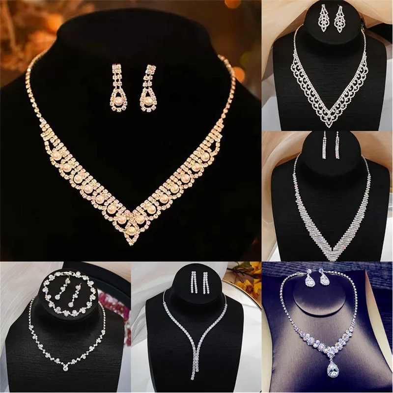 

Fashion Rhinestone Necklace 2 Piece Bridal Wedding Dress Full Diamond Earring Set Chain Dinner Accessories Necklace Wholesale