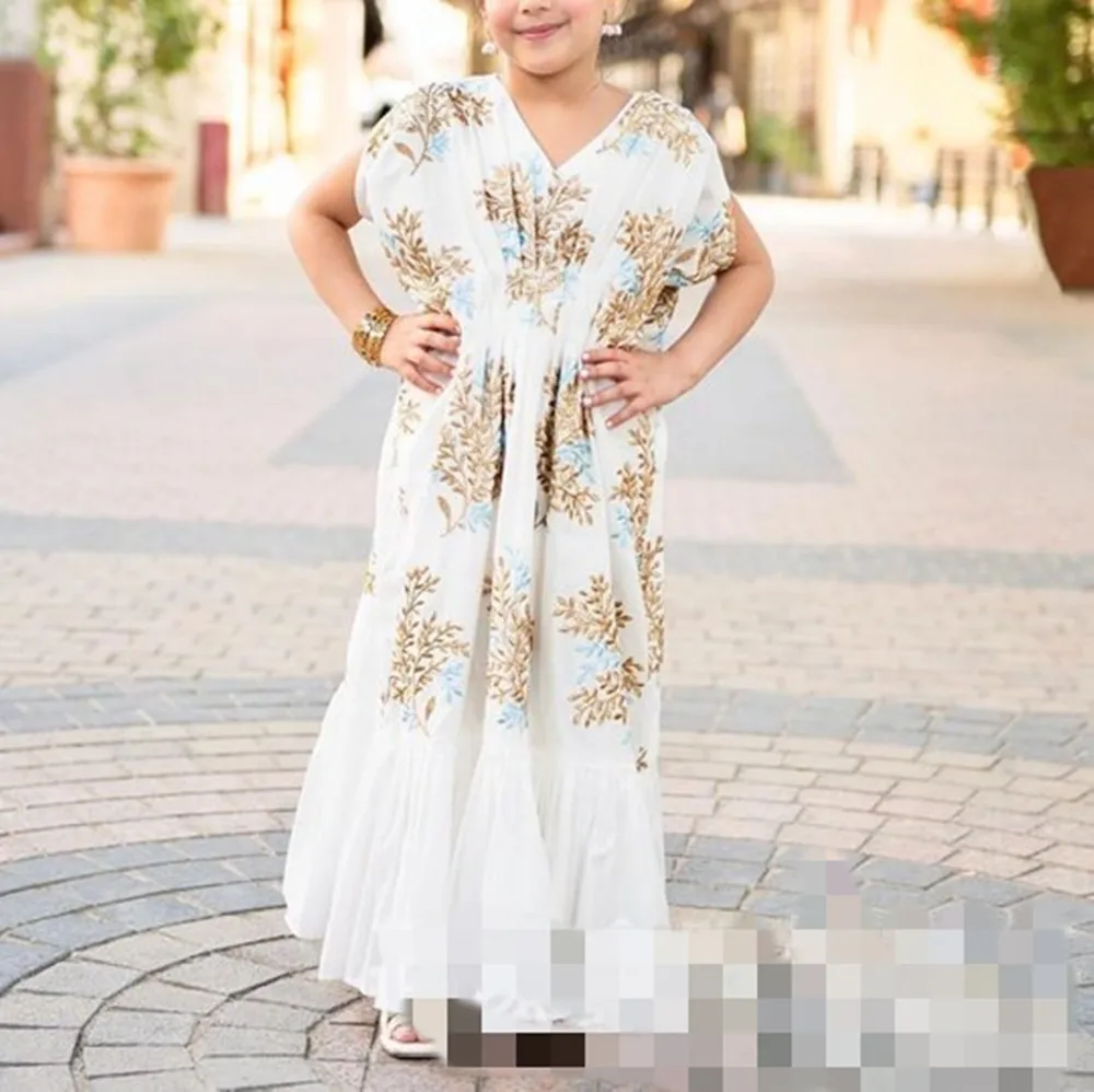 Детское платье макси с мусульманским принтом, длинное летнее кимоно для девочек, хиджаб, Восточный Арабский исламский стиль, абайя