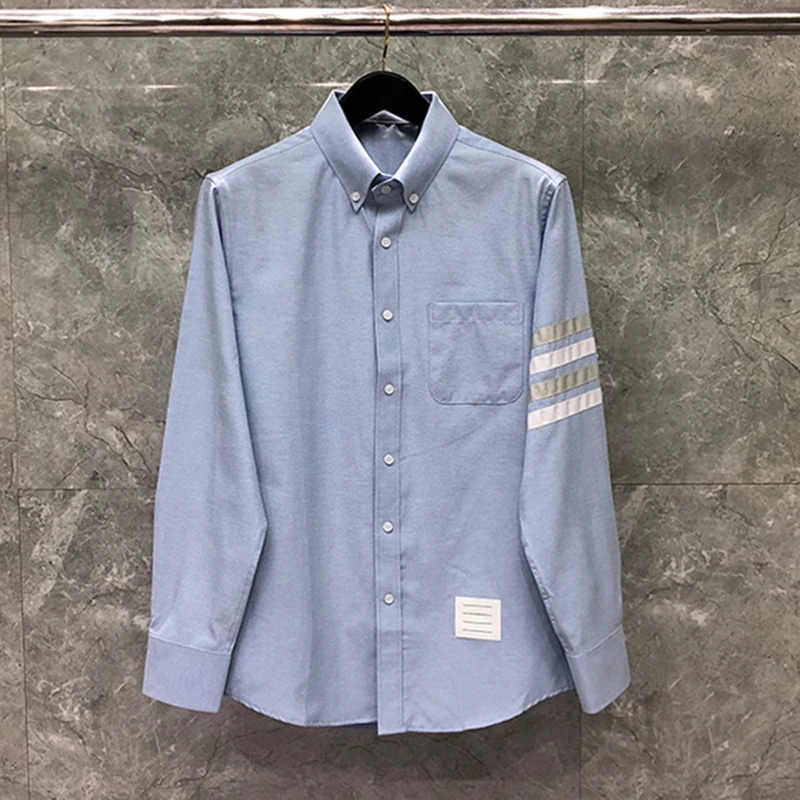 TB Men Light Blue Dress Shirts Fashion 2022 Oxford Striped New Turn Down Collar Shirt Male Long Sleeve Casual Shirt with Pocket