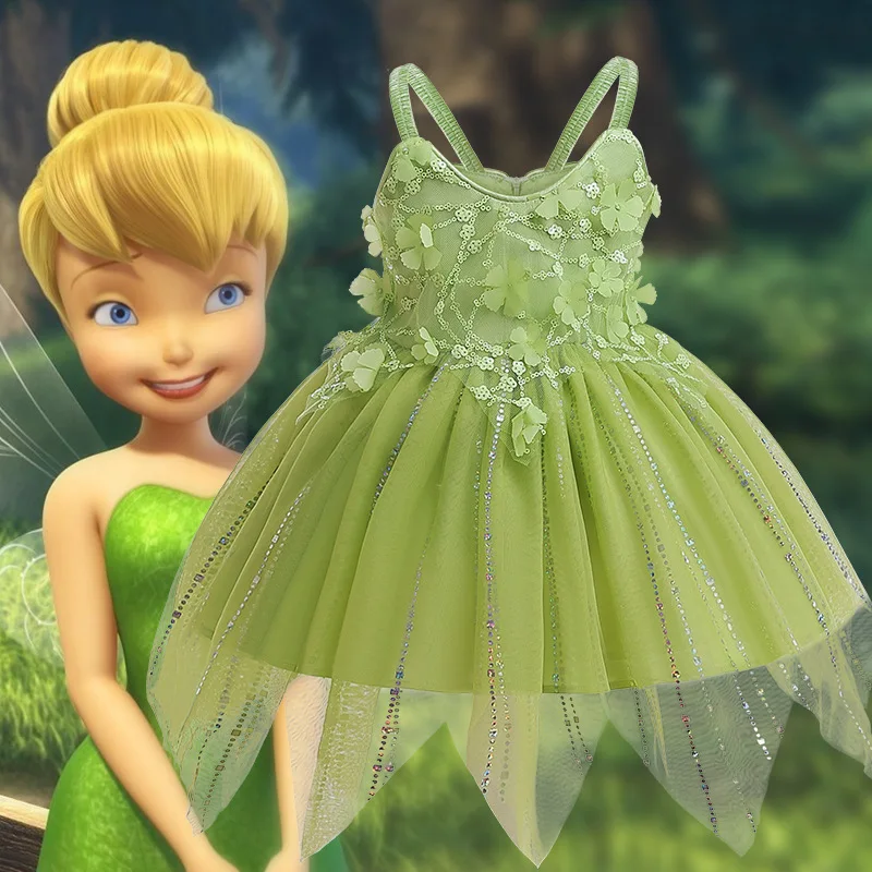 

2023 New Summer Cartoon Peter Pan Elf Dress For Girls Sequin Embellishment Lace Girl's Dress Children Cosplay Birthday Present