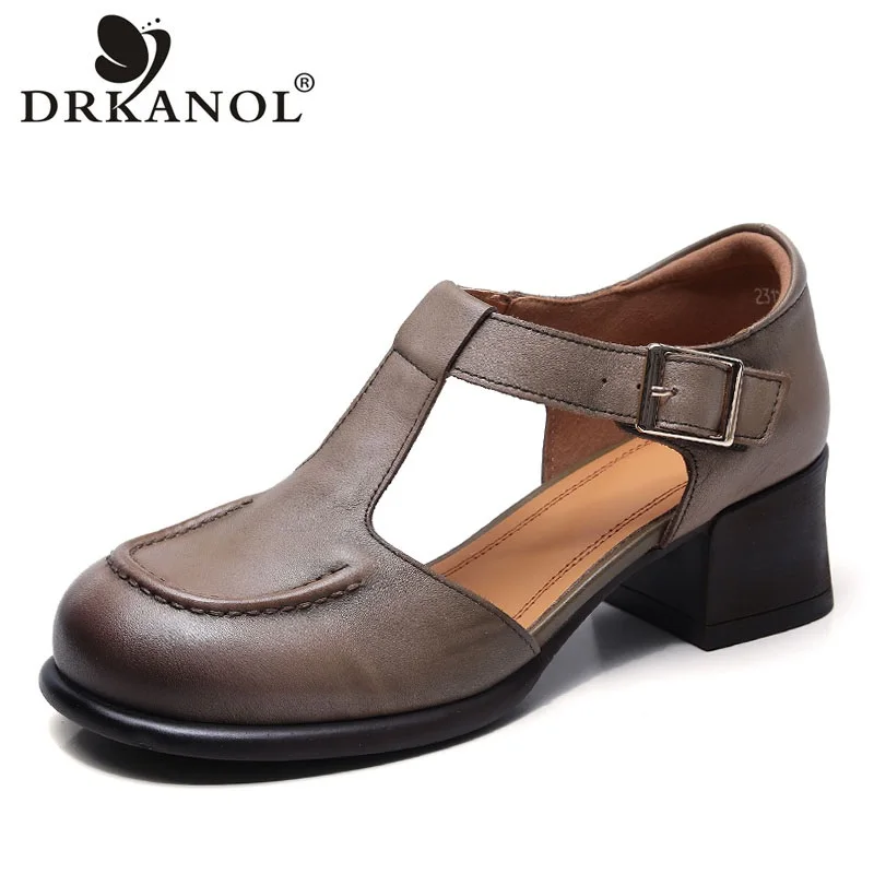 

DRKANOL New Design Women Sandals 2023 Summer High Heel Shoes Round Toe Genuine Leather Handmade Retro Thick Heel Casual Sandals