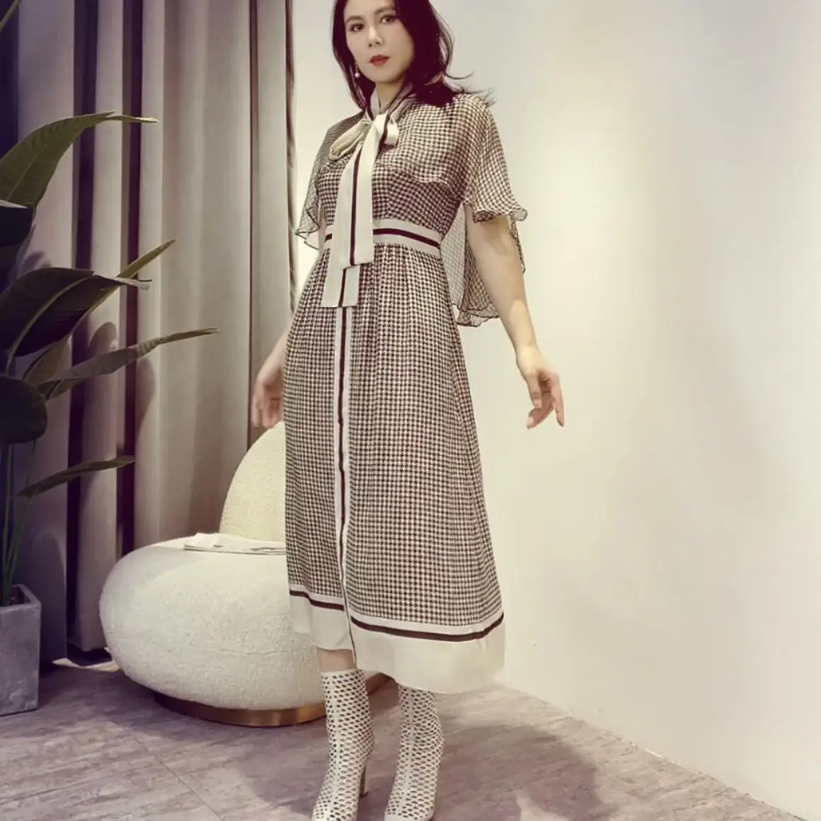 

Vintage Black White Plaid Cloak Sleeve Silk Dress