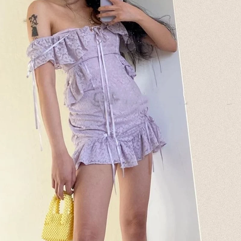 

2021 Spring and Summer Sexy Ruffled Sleeveless One-shoulder Strap Lace Waist Dress Female Bag Hip Skirt Bodycon Women's Dress