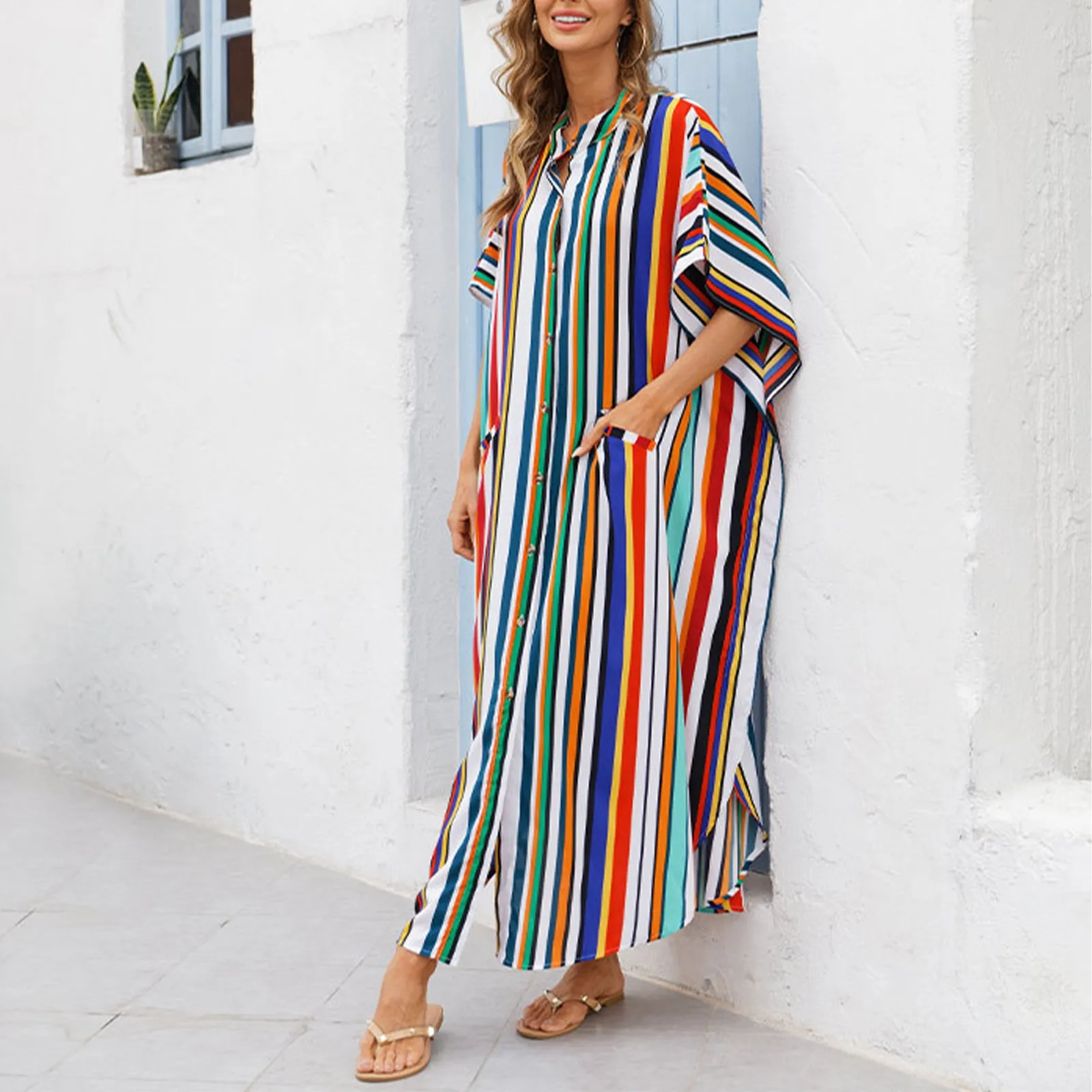 

Women's Flying Sleeve A Line Skirt V Neck Tie Casual Vacation Dress Summer Cover up Cardigan