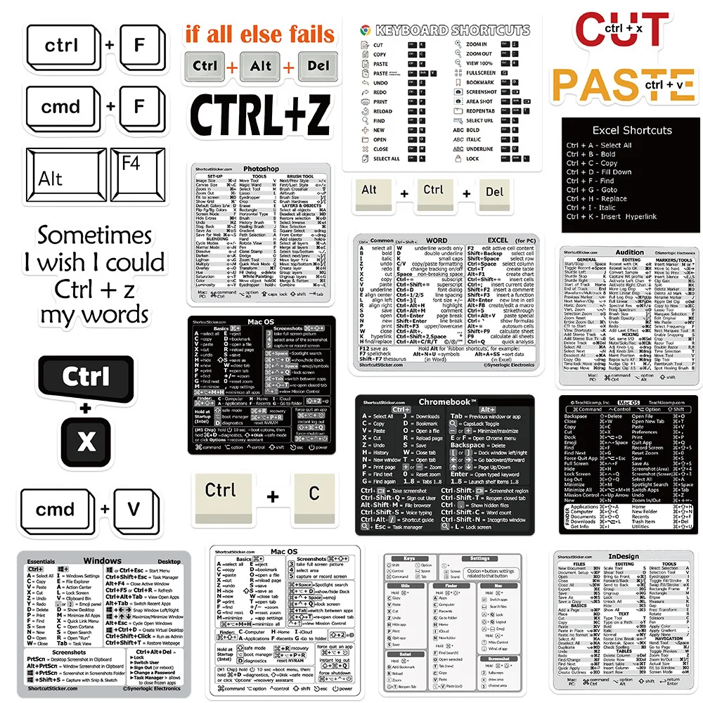 10/30pcs Windows Référence Raccourcis Clavier Autocollants Excel Word Graffiti Autocollants