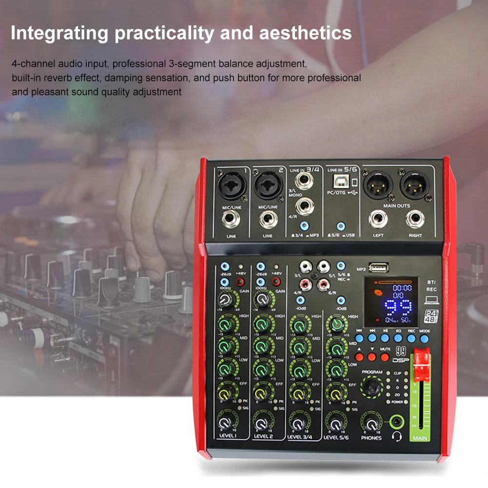 

6-Channel Audio Sound Mixer 99 DSP Effectors Small Mixing Sound Card LCD Digital Display Bluetooth-compatible 48V Power Supply