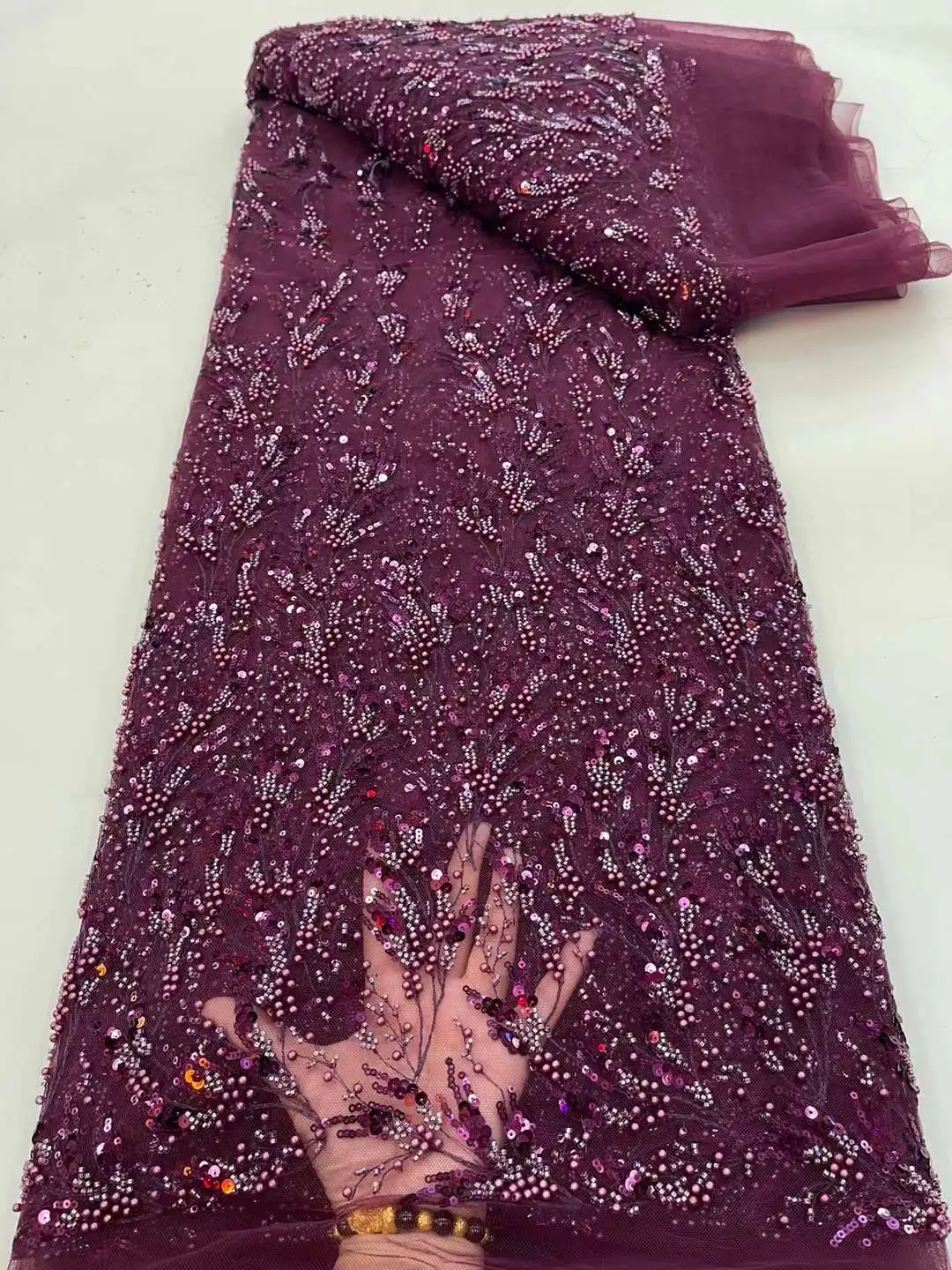 

Luxurious Nigerian Handmade Beaded Lace Fabric High Quality Full Pearls Crystal Sequins Embroidery French Tulle Bridal Lace
