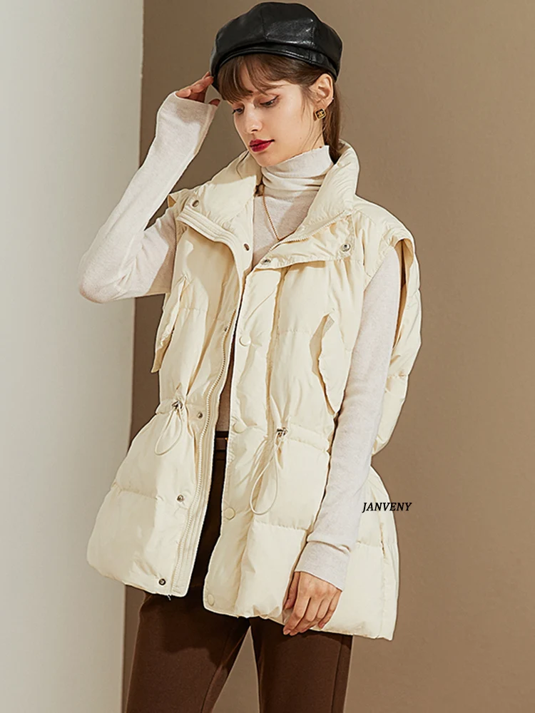 

2022 New Winter Solid Minimalist Duck Down Vest Women Hooded Drawstring Waist Oversized Double Pockets Puffer Sleeveless Gilet