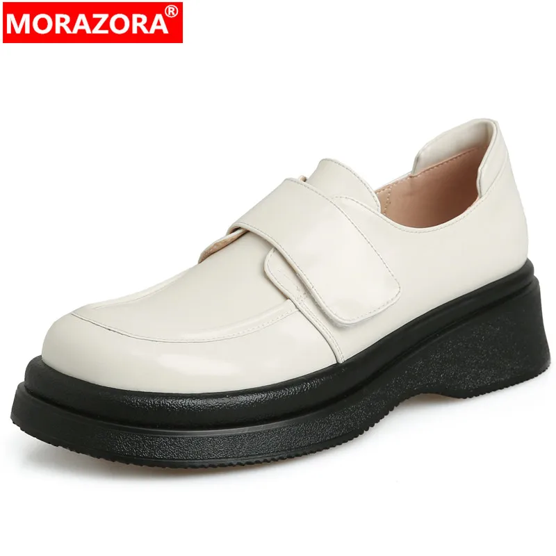 

MORAZORA 2023 New Slip On Genuine Leather Shoes Woman British Style Loafers Platform Pumps Ladies Square High Heels Single Shoes
