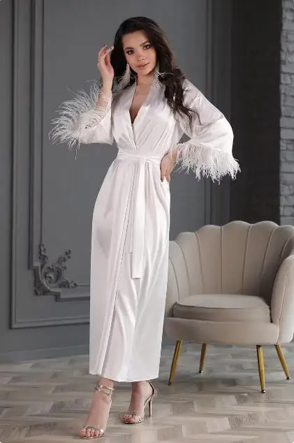 

Bride Robe With Feather Sleeves White Boudoir Robe Long Silk Bridal Lace Dressing Gown Sheer Wedding Kimono Homewear For Wedding