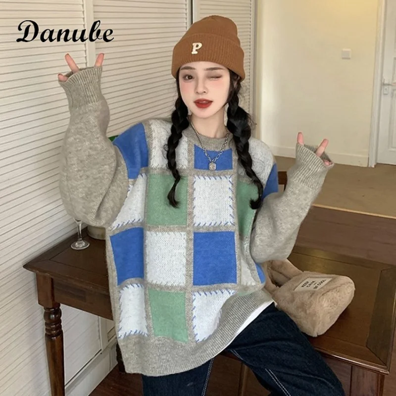 

Vintage Knitted Plaid Sweater Women O-Neck Long Sleeve Casual Female Pullover Daily All-match Streetwear Top Korean Loose Jumper