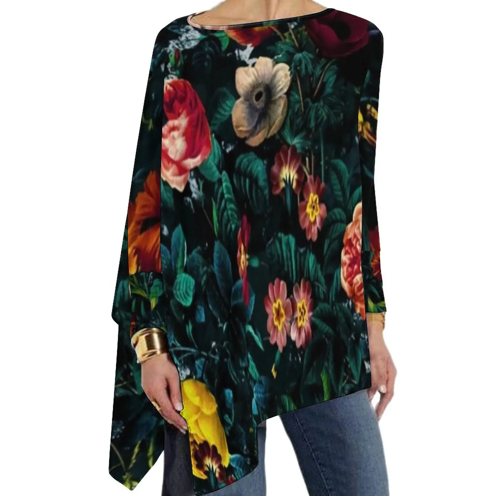 

Футболка женская с длинным рукавом, винтажный топ с принтом листьев, с рисунком ночного сада, цветочный уличный стиль, милый графический Рис...