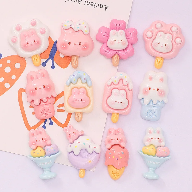 

10 Pcs New Cute Summer Cartoon Rabbit Ice Cream Series Resin Flat Back DIY Fit Phone Deco Parts Embellishments For Hair Bows