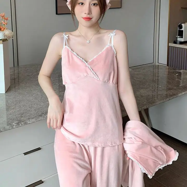 2022 Spring New Fashion Comfortable Pajamas Women Three-piece Sexy Suspenders Long-sleeved Trousers Homewear Simple Style