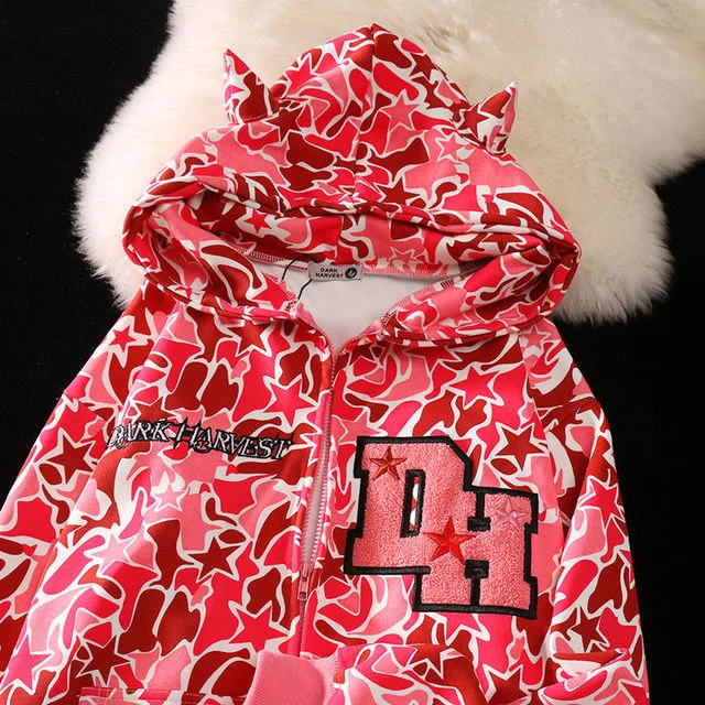 

Женские толстовки с вышивкой в виде демона, камуфляжный свитшот большого размера в стиле Харадзюку, худи на молнии в готическом стиле, одежда для улицы