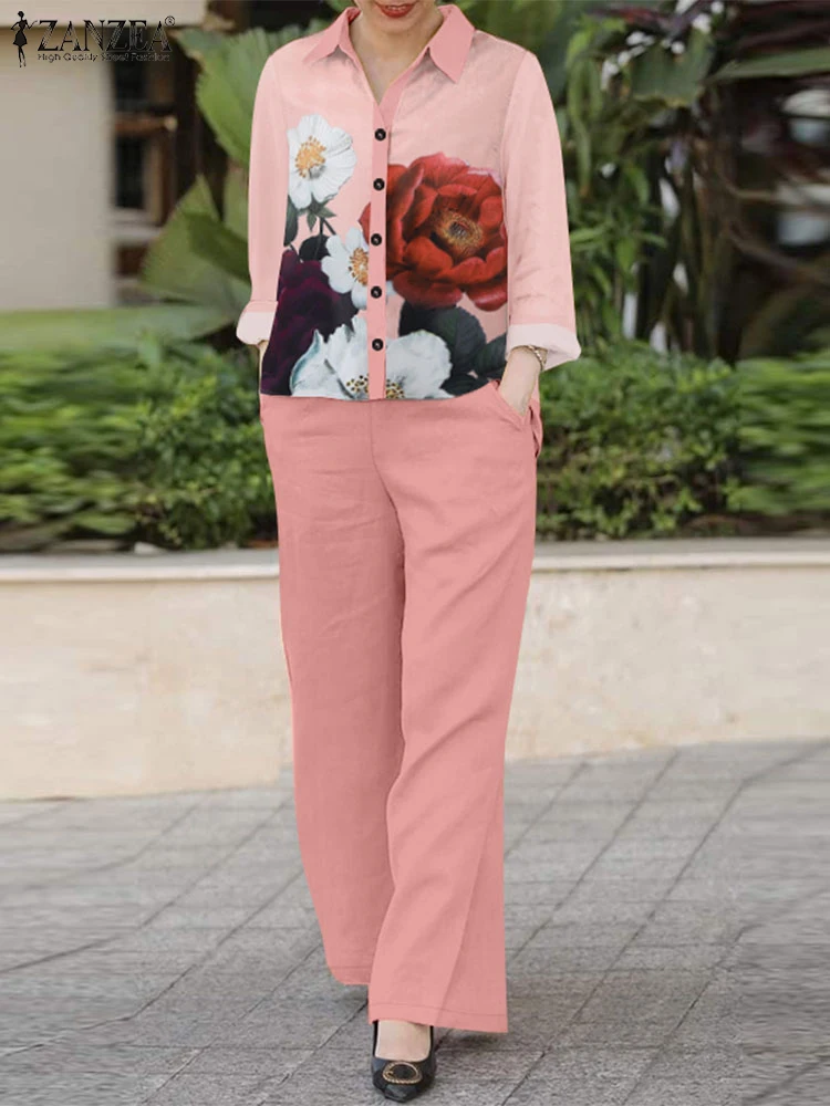 ZANZEA осенние модные женские комплекты из 2 предметов повседневные блузки с