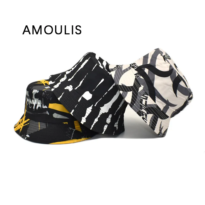 

AMOULIS Summer Bucket Hat for Women and Men Fashion Print Sun Hat Casual Double-sided Fisherman Hat Stripe Foldable Beach Caps