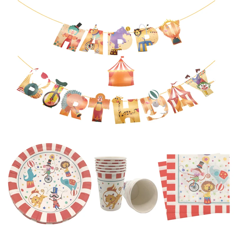 

Цирковые стаканчики, бумажные полотенца, одноразовые столовые приборы, баннер для детей, украшение для вечеринки в честь Дня Рождения