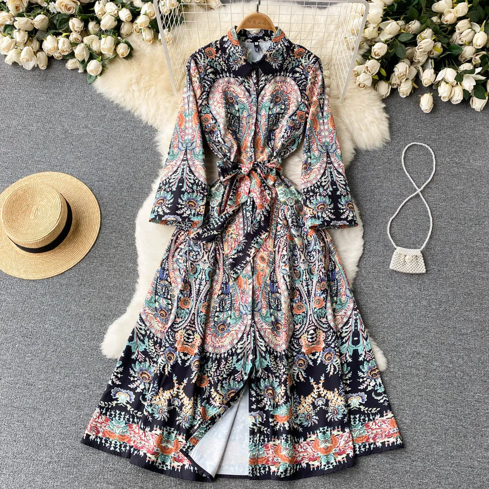 

D116 Women New Fashion Spring Autumn Lace Slim Retro Printing Shirt Dress Long Sleeve Single Breasted Elegant Vestidos