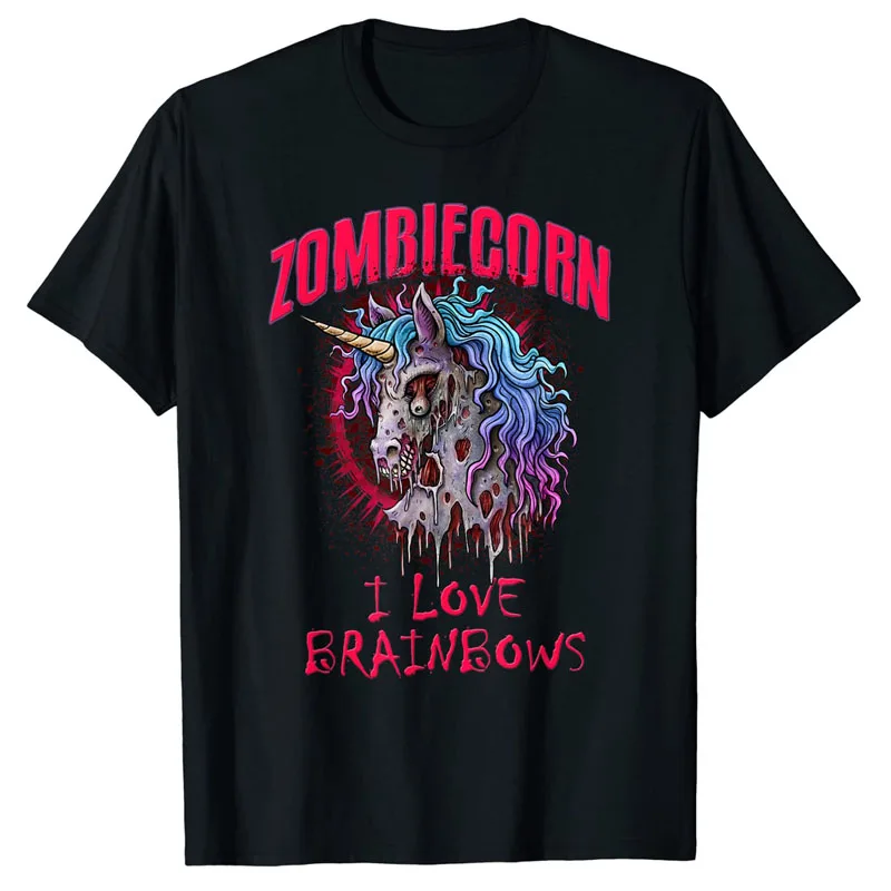 

Zombie Unicorn I Love Brainbows Punk Gothic Goth Halloween T-Shirt Humor Funny Graphic Tee Tops Men Fashion Short Sleeve Blouses