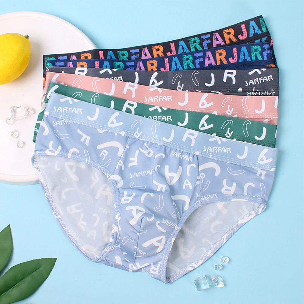 

Men Ice Silk Briefs Low-Rise Underwear Man Breathable Bulge Pouch Underpants Soft Panties Male Letter Printing Knickers Lingerie