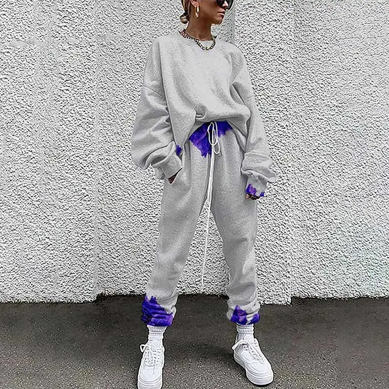 

Women Two Pieces Set Tracksuits Tie Dye Print Long Sleeve Pullovers Drawstring High Waist Pants Casual Loose Streetwear Suits