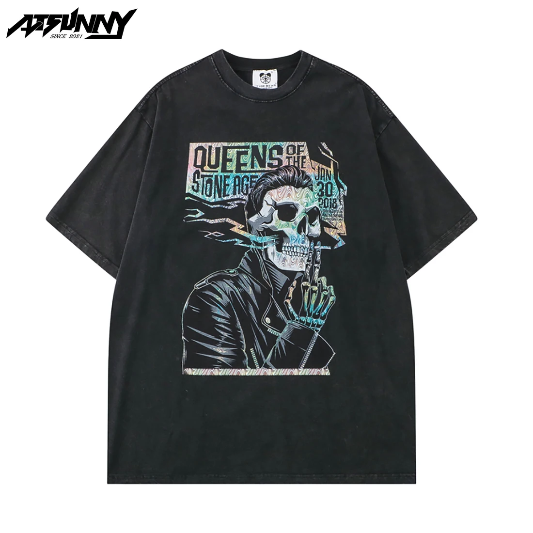 

ATSUNNY QUEENS OF THE STONE RGE Print T-shirt Skeleton Hip Hop Harajuku Shirt Pullover Streetwear Retro Gothic Clothes Tops
