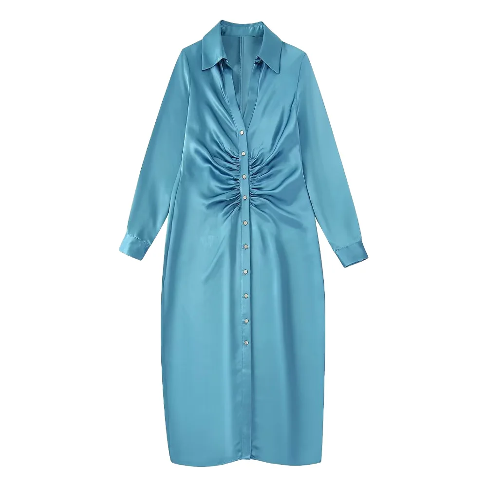 

Women's Summer New Pleated Decorative Silk Satin Textured Shirt Style Dress Fashion Temperament Vintage Female Chic Dress Robe