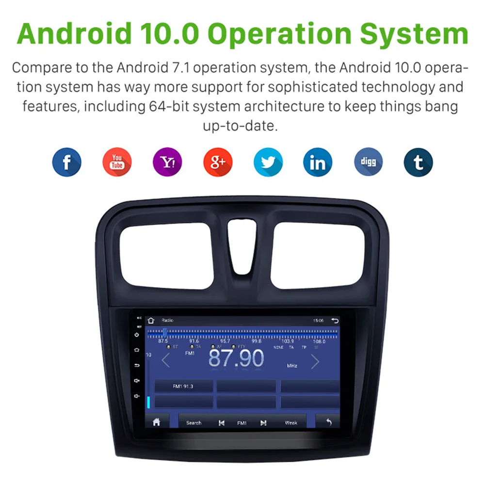

9" 2.5D Screen Android 10.0 Radio Stereo GPS Navi Bluetooth Car Player with 8LED Rear Camera For Renault Dacia Sandero 2012~2017