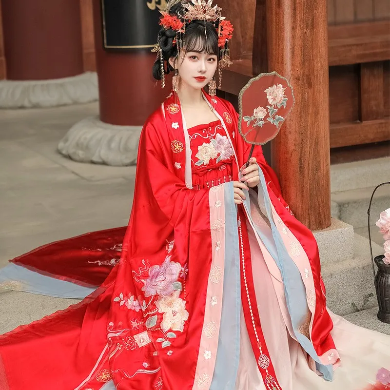 Hanfu женская красная рубашка с большими рукавами и вышивкой Чеховская юбка в
