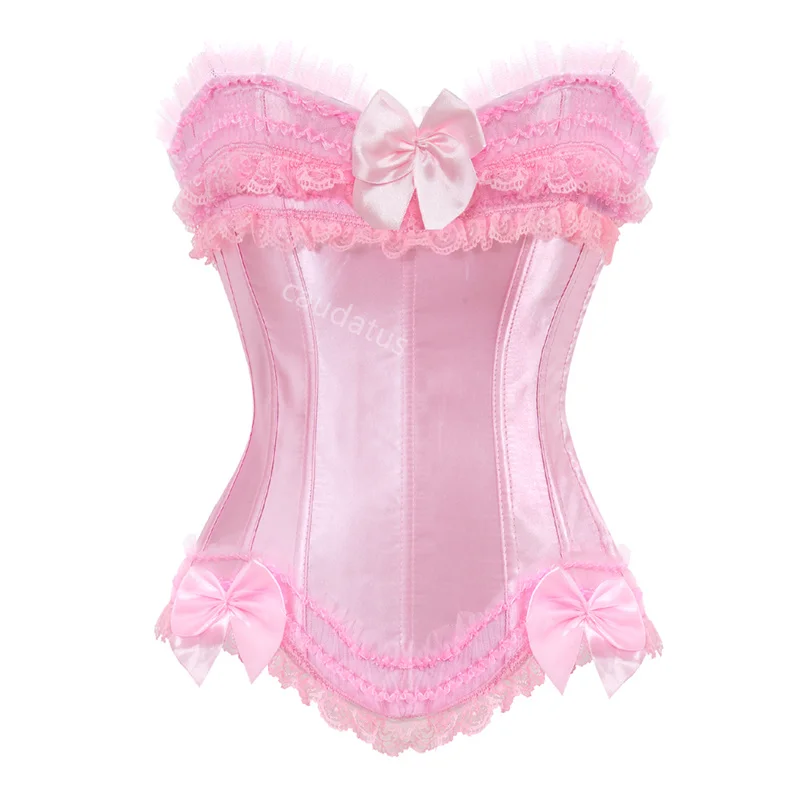

Pink Corset Bustier Satin Overbust Top Zipper Side Bowknot Decorated Clubwear Showgirl Body Shaper Sexy Lingerie Plus Size