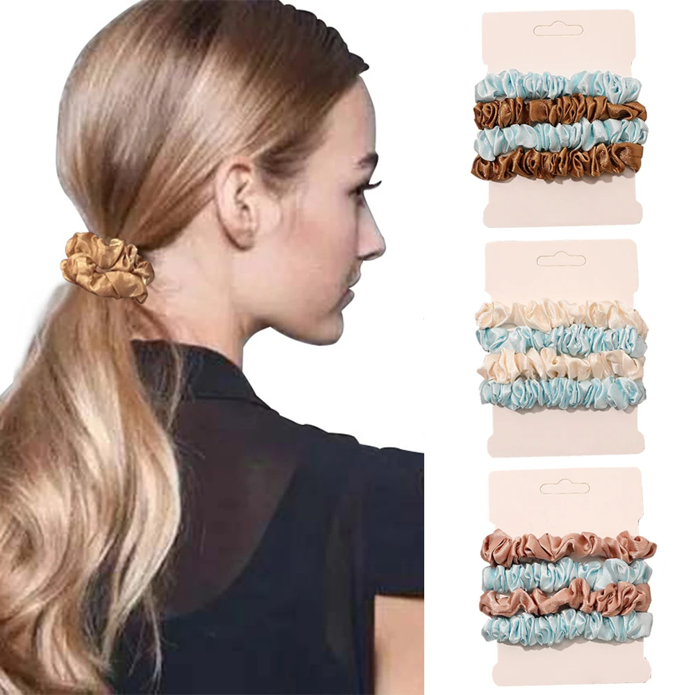 

4pcs Pure Silk Skinnies Small Scrunchie Set Hair Bow Ties Ropes Bands Skinny Scrunchy Elastics Ponytail Holders For Women Girls
